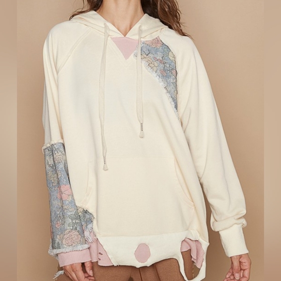 POL Hoodie Floral Contrast Patchwork Top Distressed Raw Exposed Seam Sweatshirt - Picture 8 of 15